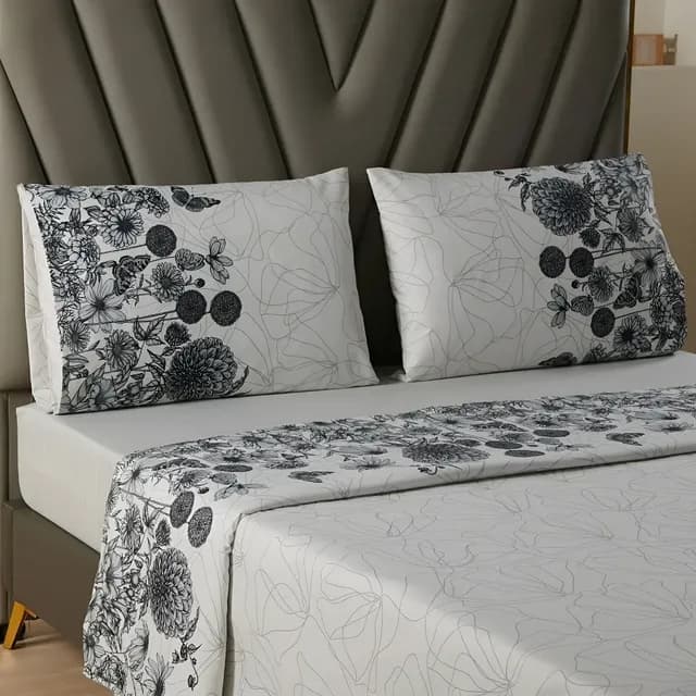 Juego Sabanas Estampadas Ultra Suave +funda Almohada Casatua Flores Liso 2 Plazas