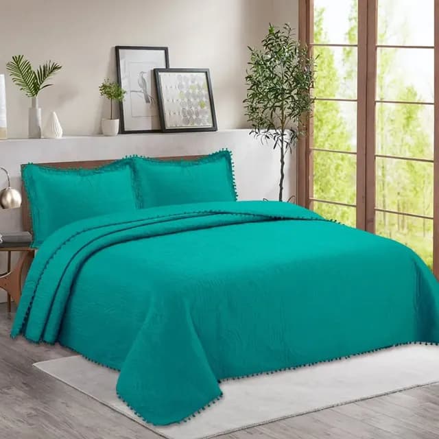Cubrecama Quilt De Verano 2 Plazas Queen Pompones Turquesa