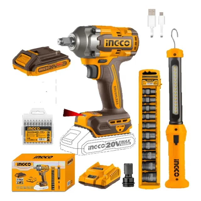 Kit Llave De Impacto 400nm 20v + Linterna Led +10dado Ingco