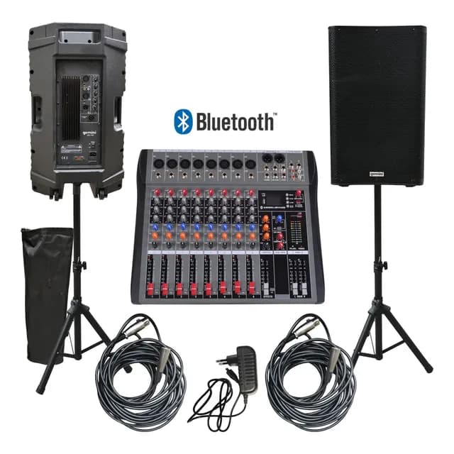 Set Amplificacion Mixer 8ch + 2 Cajas Activa Buetooth Gemini