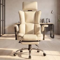 Silla Oficina Ejecutiva Ergonomica Reclinable Con Reposapies Crema Cuero Sintetico