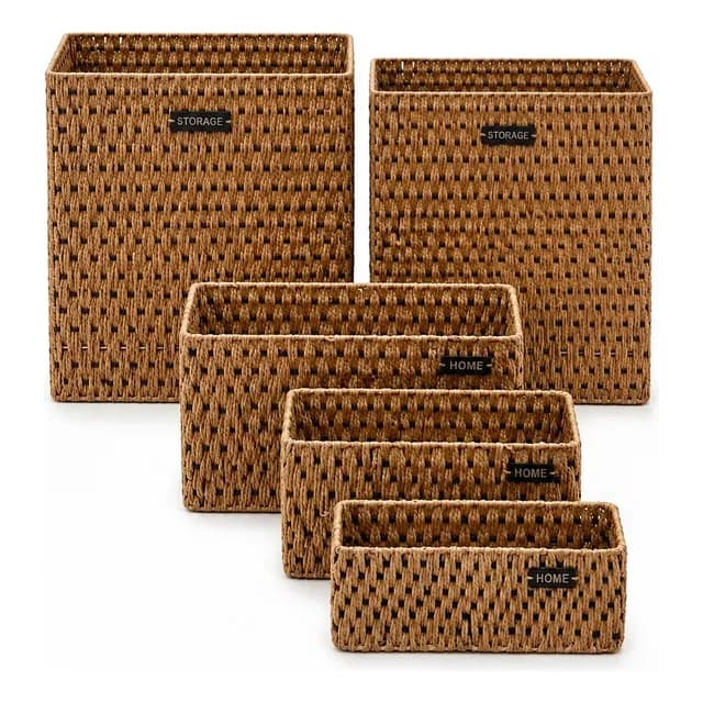 Set De 5 Canastos Organizadores De Fibra Natural Estilo Boho Marron
