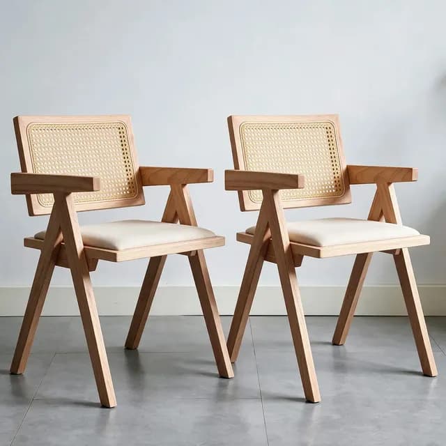 Pack 2 Sillas de Comedor Sitial Acolchado de Madera Ratan y Cojin de Lino con Apoyabrazos Chandigarh Venhoouse