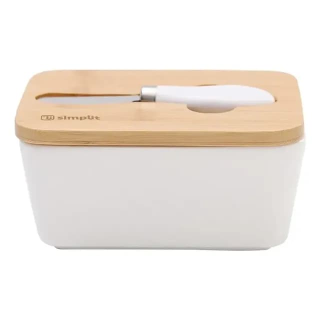 Mantequillero Ceramica Tapa Bamboo + Cuchillo 600 Ml Simplit