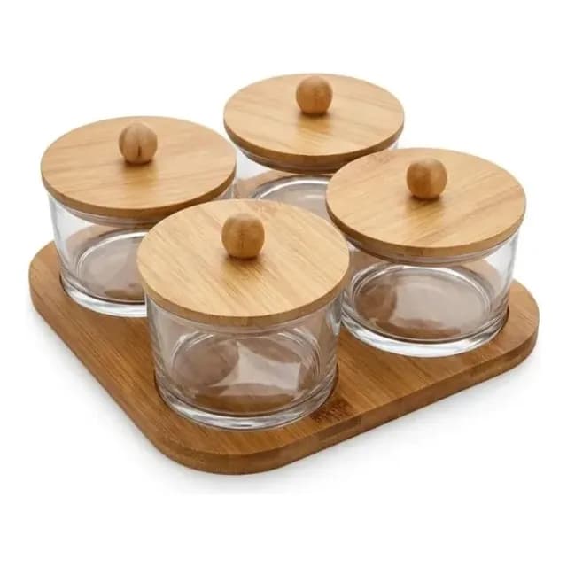 Set De 4 Frascos De Vidrio Con Tapa De Bambu Y Base