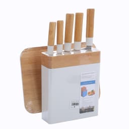 Tabla de cortar mas set de 5 cuchillos bambu