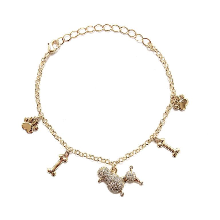 Pulsera Poodle Huesos Huellas Enchapada Oro 18K Dorado TALLA UNICA