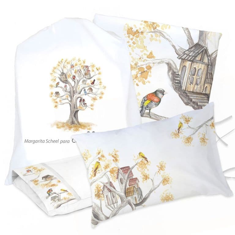 Juego de Cama Funda de Plumon + Sabana Bajera +2 Fundas Almohada Arbolito 1,5 Plazas