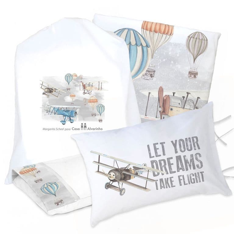 Juego de Cama Funda de Plumon + Sabana Bajera +2 Fundas Almohada Aviones y Globos 1 Plaza