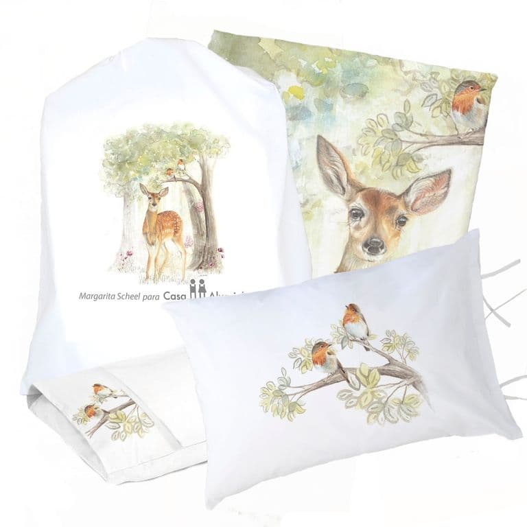 Juego de Cama Funda de Plumon + Sabana Bajera +2 Fundas Almohada Bambi Bosque 1 Plaza