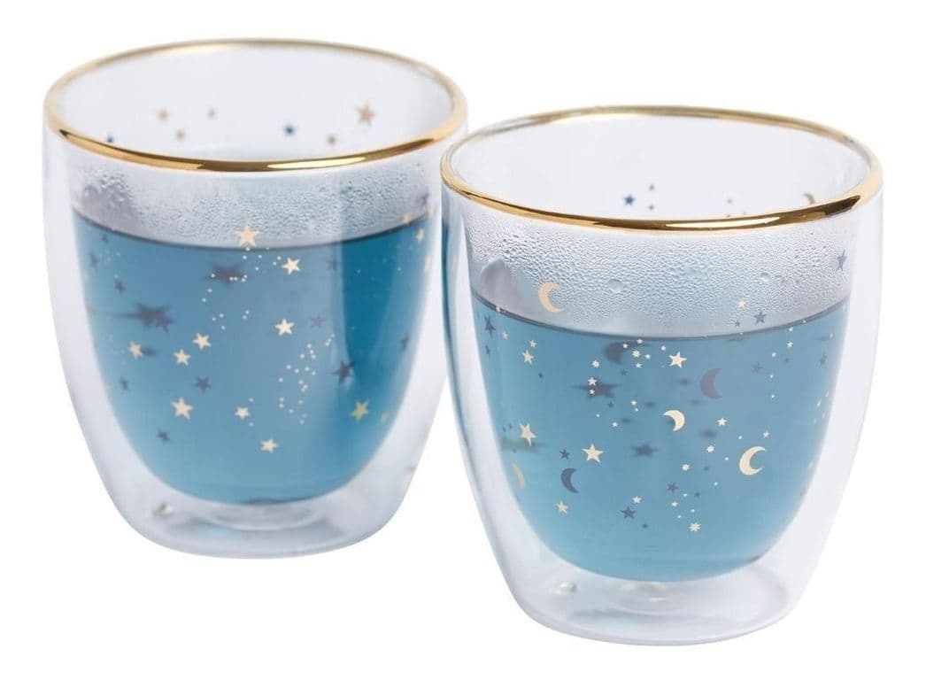 Set Vaso Doble Vidrio Estrellas Azules