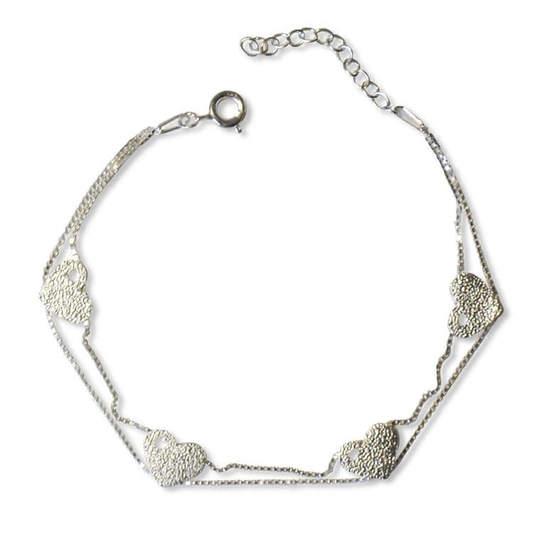 Pulsera Corazones Doble Cadena Plata Fina 925 Plateado TALLA UNICA