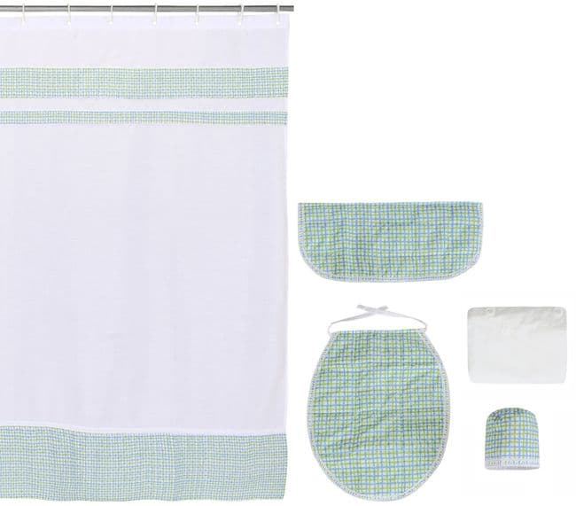 Cortina y Set de bano 6 piezas 180 x 180 cms blanco verde cuadrille