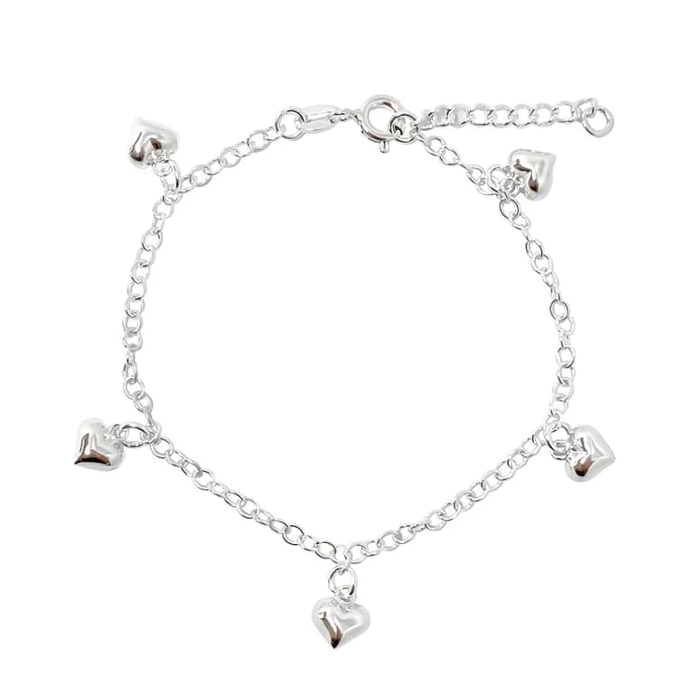 Pulsera 5 Corazones Plata Fina 925 Plateado TALLA UNICA