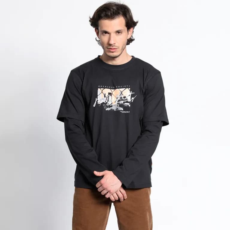 Polera Manga Larga Cuello Redondo Print Random Negro 3XL