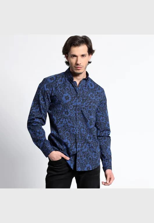 Camisa Manga Larga Estampada Full Slim Fit Azul Marino XL