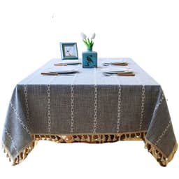 Mantel Gris Piedra Bordados Lineales Blancos y Borlas 140cm x 220cm