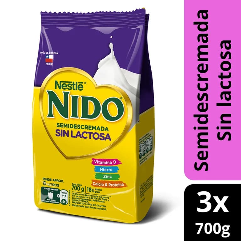 Leche En Polvo Nido Semidescremada S/lactosa Bolsa 700g X3