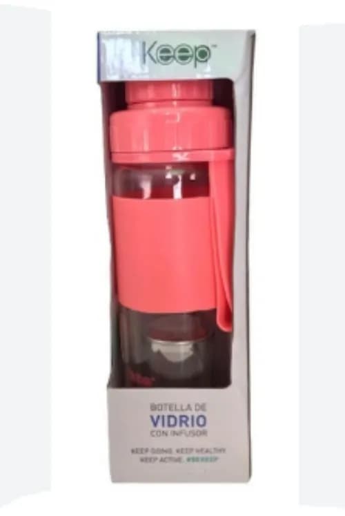 BOTELLA VIDRIO CON INFUSOR ROSADO