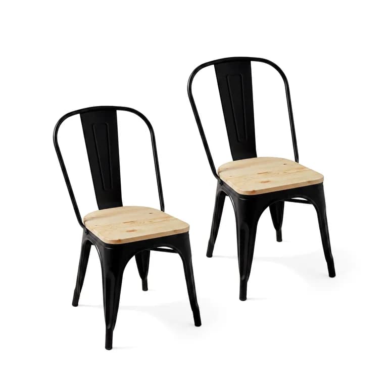 Pack 2 Sillas Comedor Terraza Exterior Tolix Metal Madera Natural Apilables Industrial Negras Negro