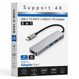 Adaptador Hub Usb-C Multipuertos 5 En 1 (Hdmi, Jack, Usb, Usb C)