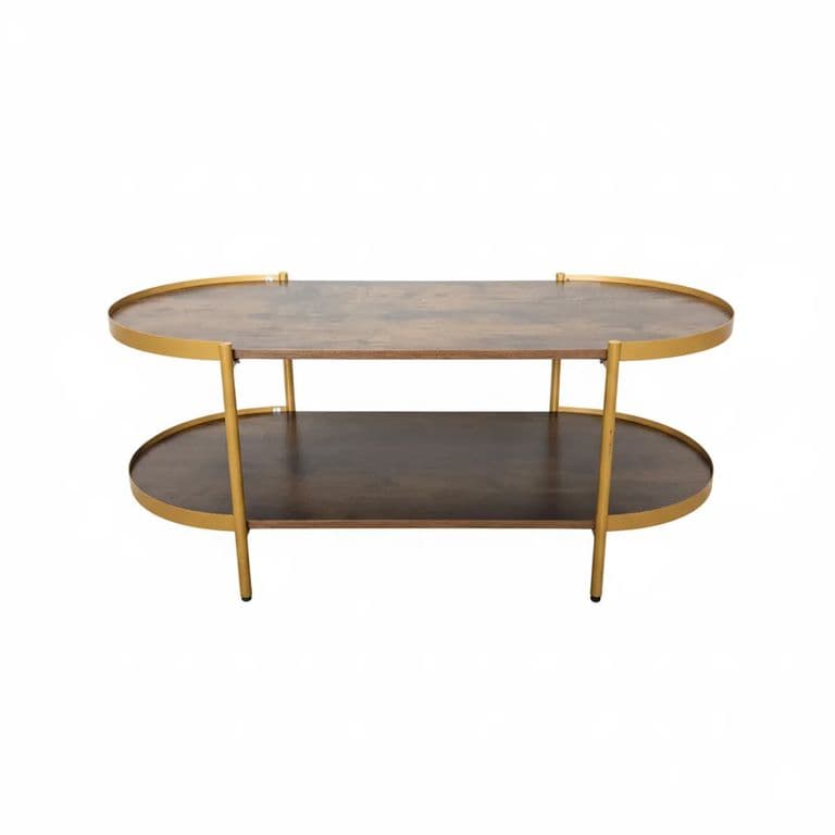 Mesa de Centro Opal Ovalada y Rustica con Estructura Metal y Doble Nivel - Cafe Oscuro
