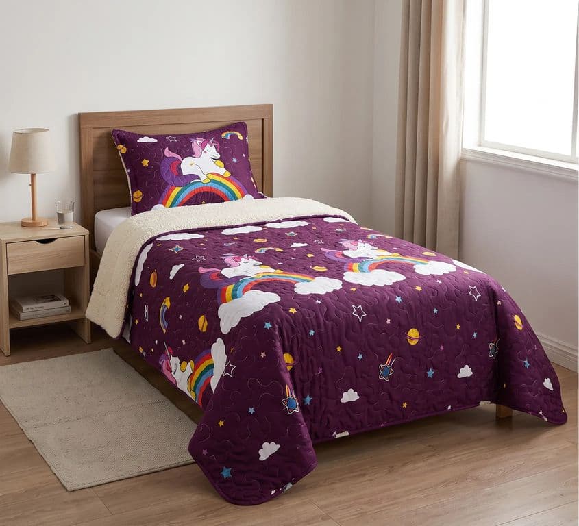 Cubrecama Sherpa 1.5 Plazas - Unicornio Morado Arcoiris M926 Morado 1,5 PLAZAS