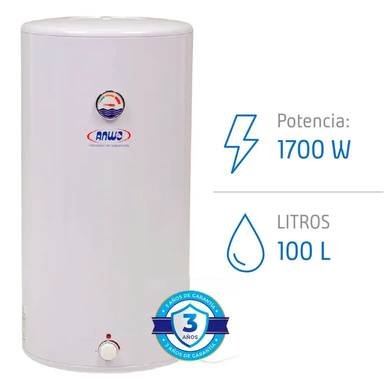 Termo Electrico 100L 1700W Mural  2 a 3 Duchas Bajo Consumo Anti Sarro