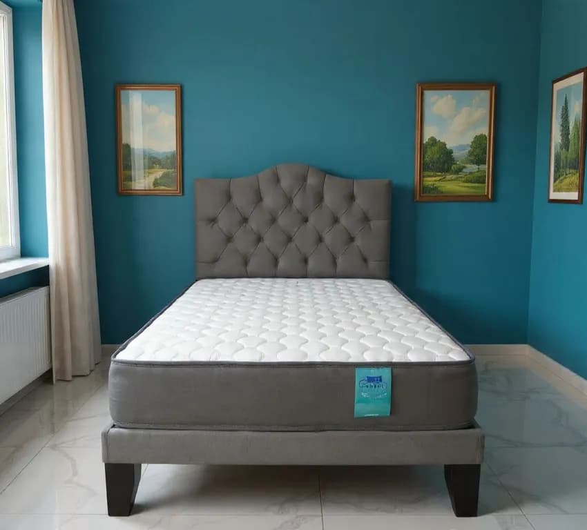 CAMA 1,5 PLAZAS OVALADO 105X190CM + RESPALDO GRIS + COLCHON