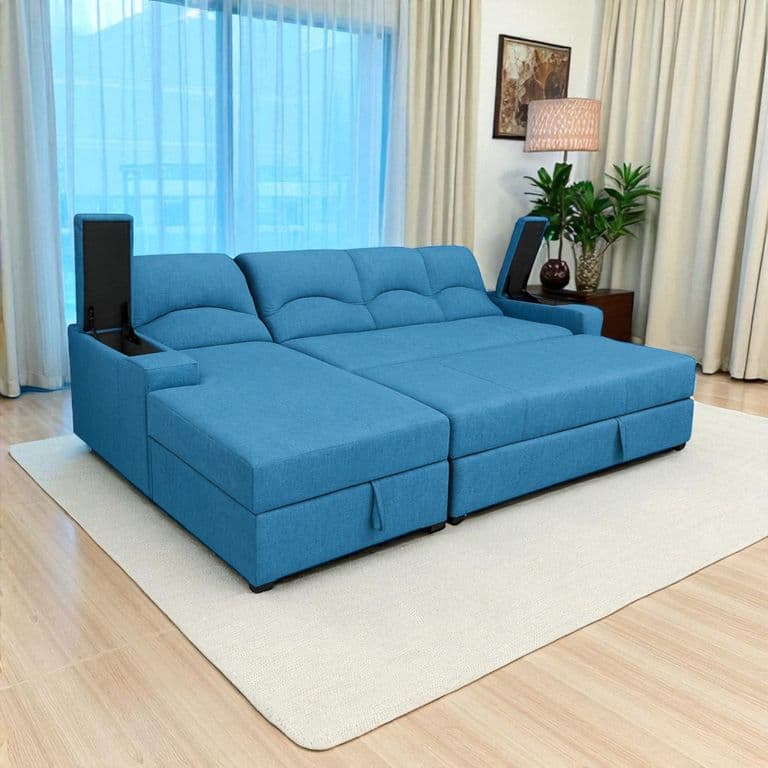 SECCIONAL CAMA BAUL FUNCIONAL 2 PZ DECO LINO AZUL IZQUIERDO
