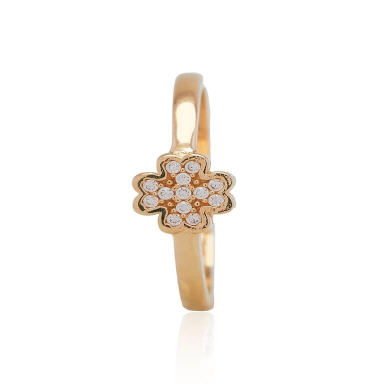 Anillo de Oro 18kt Flor 4 Hojas Circon Amarillo 12
