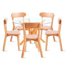 Comedor redondo vidrio Cross 120cm + 5 Silla Fresno de Madera Natural