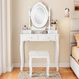 Tocador con Espejo LED y Taburete Acolchado Blanco 4 Cajones