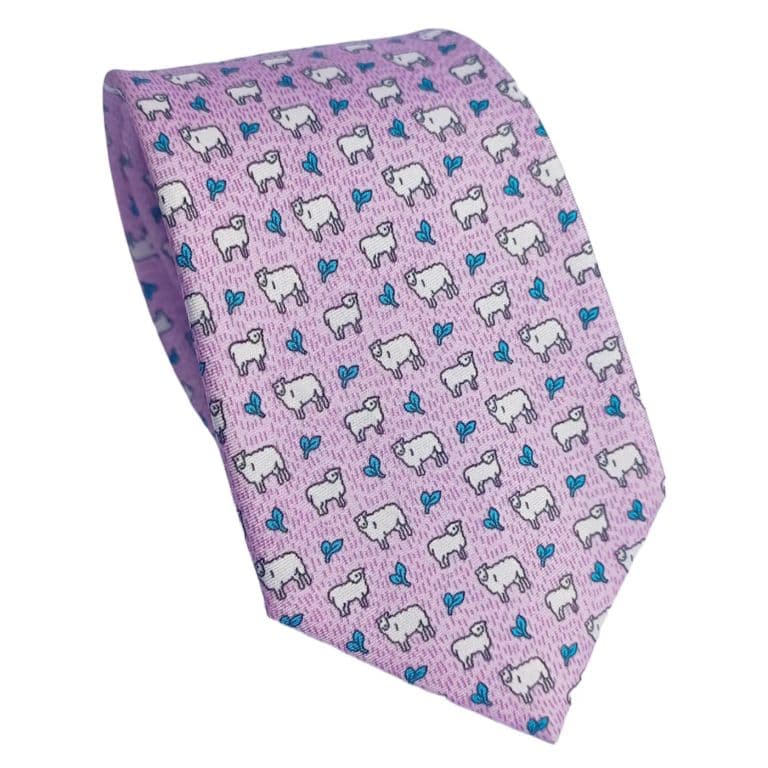 Corbata hombre de Seda, Diseno Chileno de Ovejitas, 7 cm Ancho Rosa TALLA UNICA