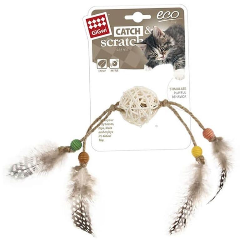 Juguete para gatos Eco Catch Scratch Rattan y plumas cafe Gigwy