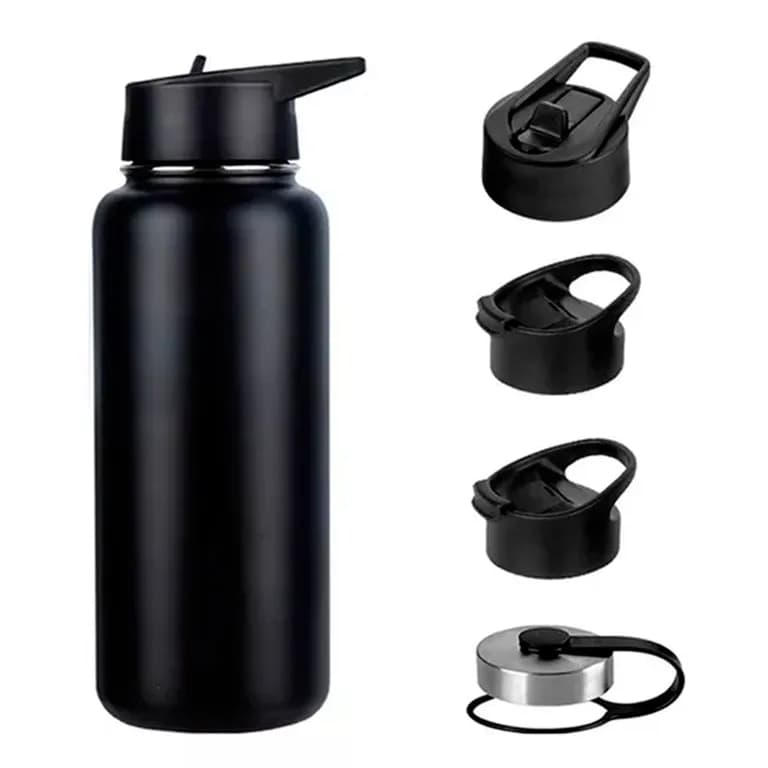 Termo Botella Agua Termica Acero Inoxidable + 4 Tapas 1000ml