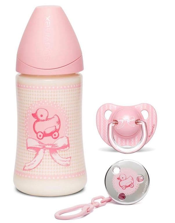SET MAMADERA+BROCHE+CHUPETE 0-6M TOYS ROSA