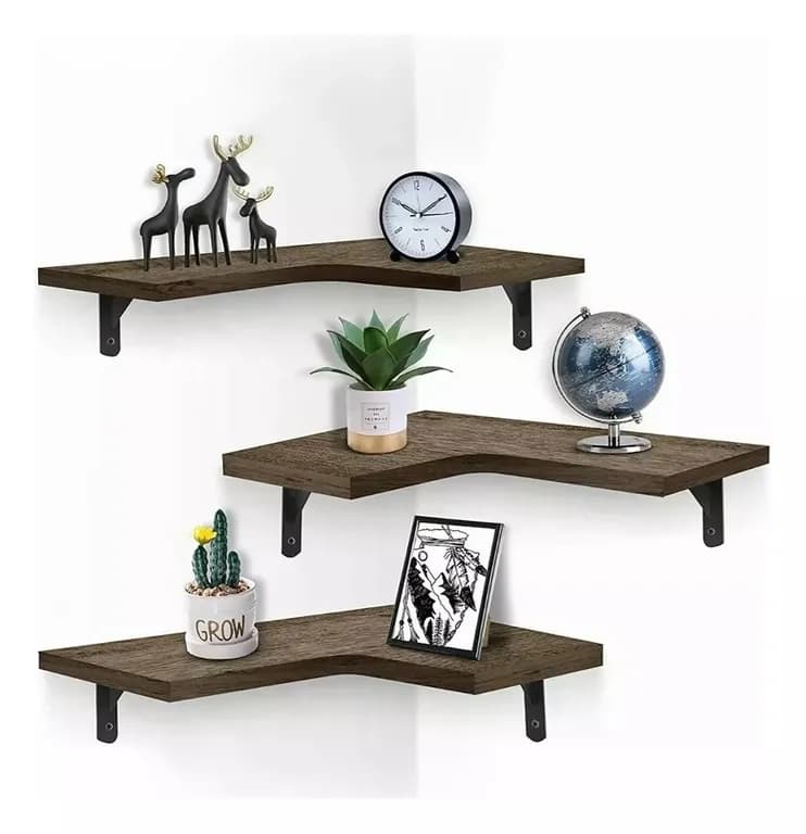Repisa Esquinera de Madera Flotante Tres Unidades Cafe Oscuro Modelo 11