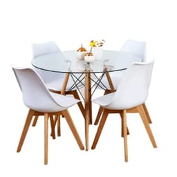 Comedor Mesa Eames Redonda De Vidrio 100cm Y 4 Sillas Tulip Blancas
