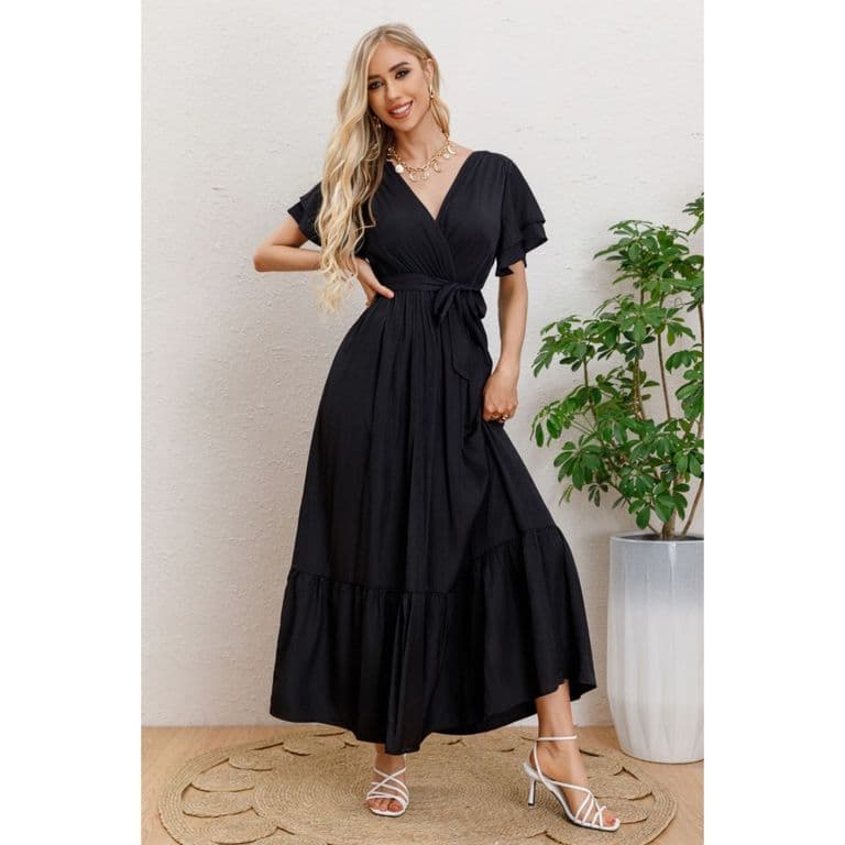 Maxi Vestido Largo Mujer Primavera Premium. Abertura, Cuello V 326 Negro S