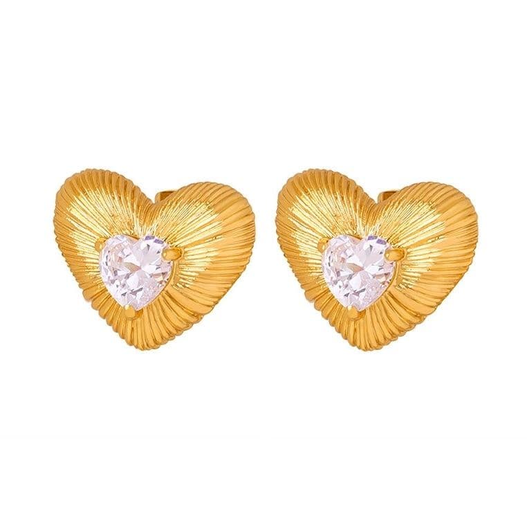 Aros Bano Oro Amarillo 18k Corazon Cepillado Circon Dorado TALLA UNICA