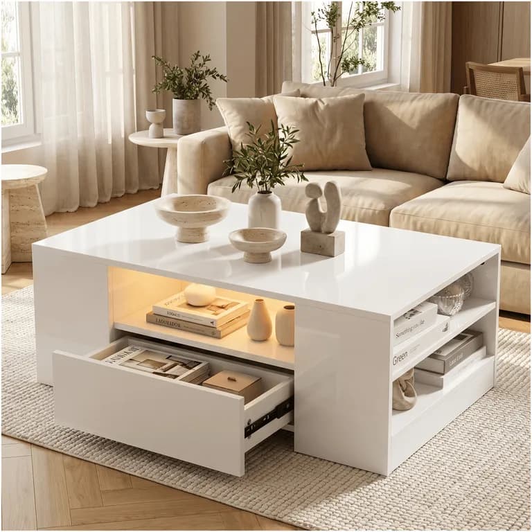 Mesa De Centro Con Luz 2 Cajones Living 95x55x37cm Brillante