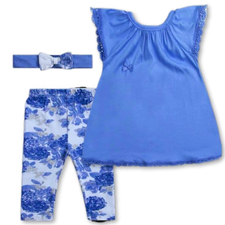 Set 2 Piezas Conjunto Bebe Nina 100% Algodon Bluish Flower Azul 9 MESES