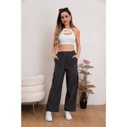 Pantalon Mujer Cargo Recto Ancho Tendencia 0106 Gris Oscuro S