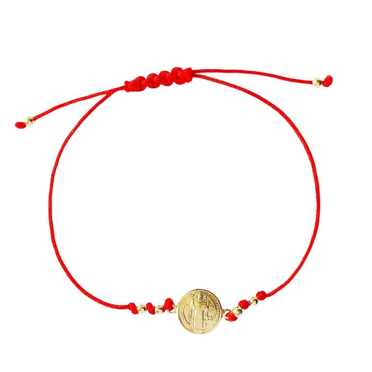 Pulsera San Benito Bolitas Enchapado Oro 18K Cordon Rojo Dorado TALLA UNICA
