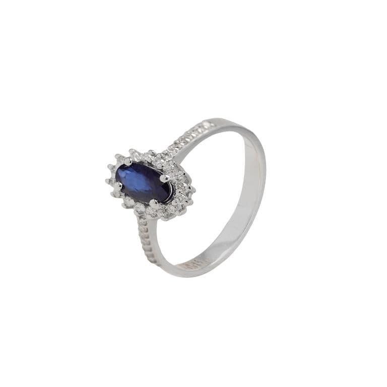 Anillo Compromiso Oro Blanco 18kt Diamantes 19 Pts y 48Pts Zafiro Blanco 14