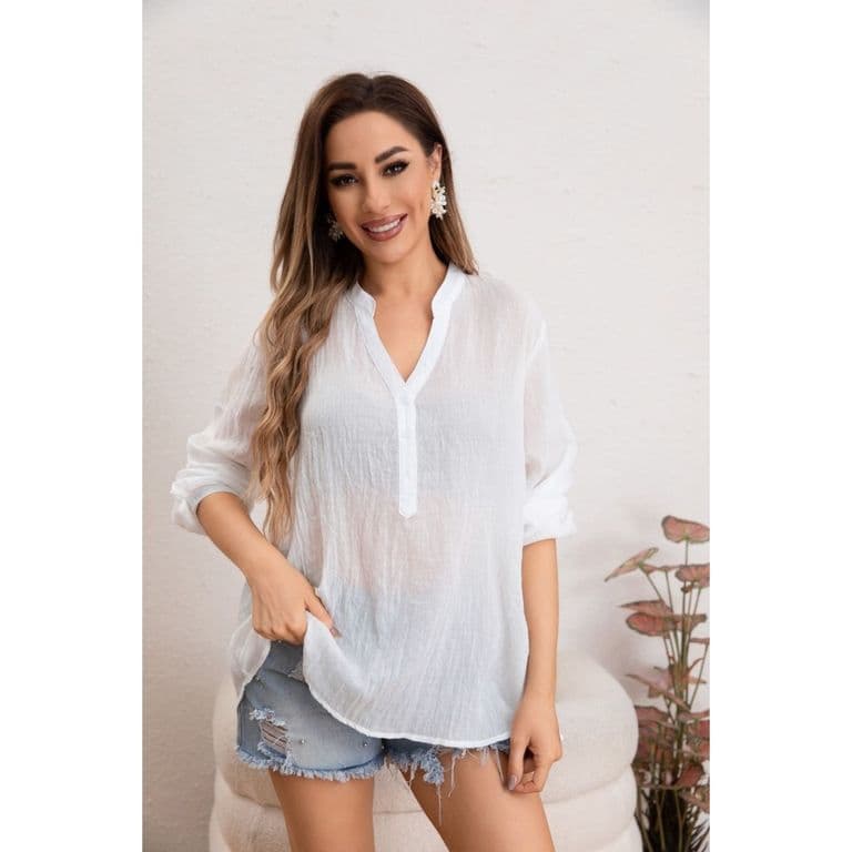 Blusa Mujer Tendencia Lino Algodon Premium Liviana Botones Textura 053 Blanco S/M