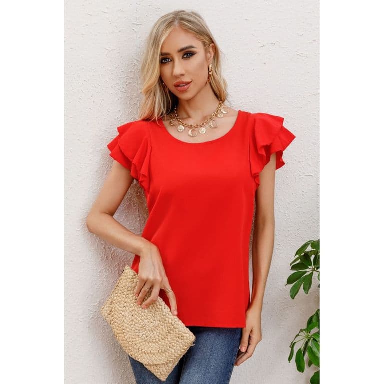 Polera Mujer Manga Corta Semi Formal Casual Con Volantes 317 Rojo S