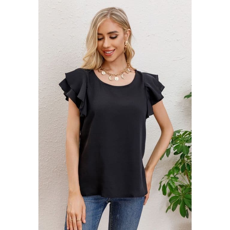 Polera Mujer Manga Corta Semi Formal Casual Con Volantes 317 Negro S