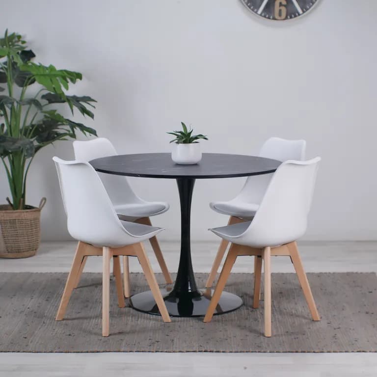 Comedor Mesa Tulip Redonda 100cm Negra + 4 Sillas Tulip Blancas Blanco COMREDONDA1004SILLASTULIP